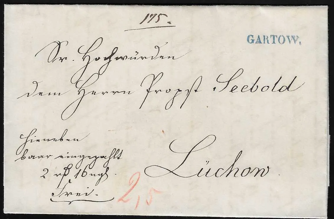 "Gartow", 1861, L1 bleu net sur lettre de mandat postal de luxe vers Lüchow