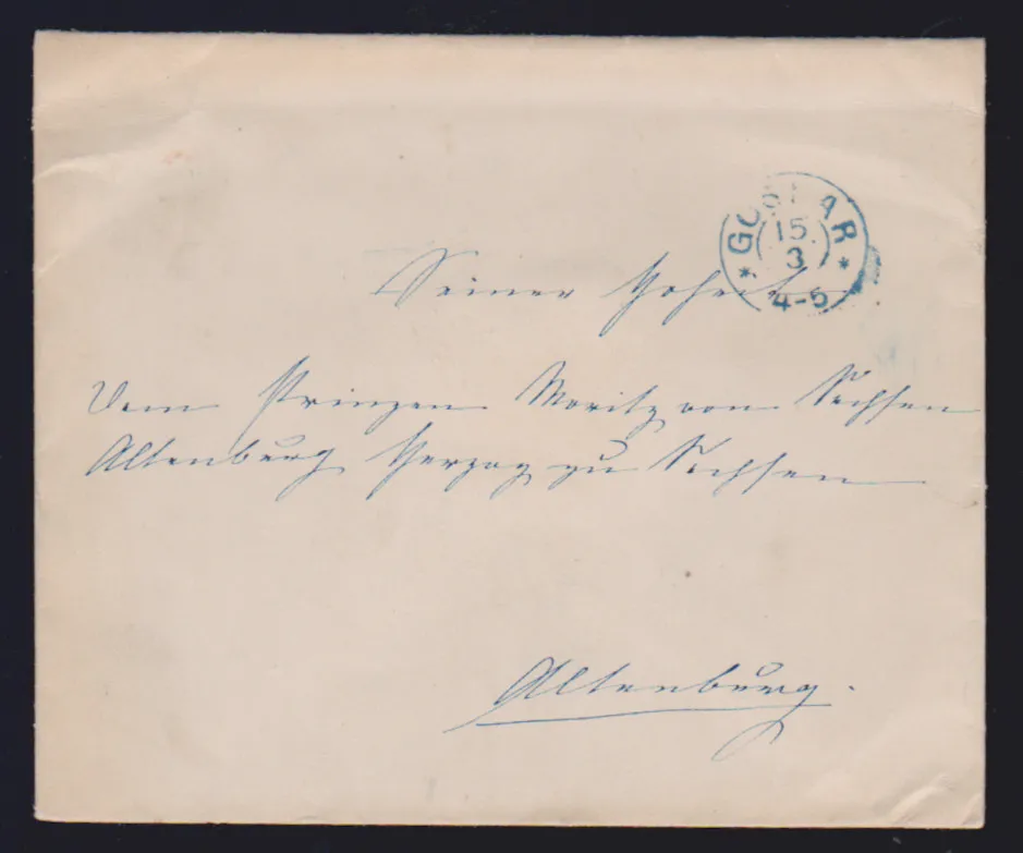 "Goslar", (1865), modrý K2 na šlechtické obálce princi Moritzovi Saskému v Altenburgu