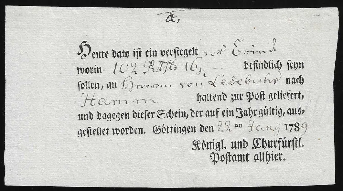 "Göttingen", 1789, lokaal gedrukt postbewijs "königl. und Churfürstl. Postamt allhier"