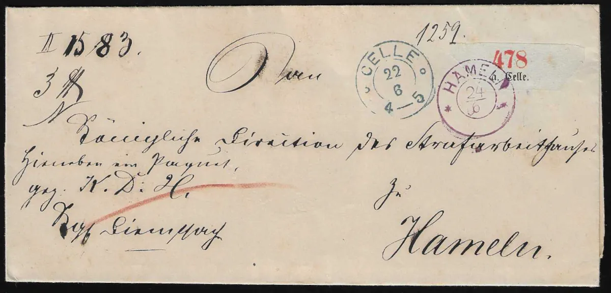 "Hameln", (1860), K2 ornemental violet et K2 bleu "Celle" sur lettre de colis décorative de Celle à destination