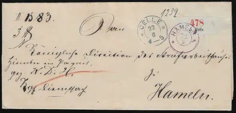 "Hameln", (1860), K2 ornemental violet et K2 bleu "Celle" sur lettre de colis décorative de Celle à destination