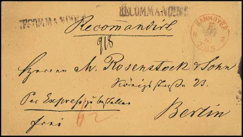 "Hannover F.N.2", 1868, K1 rouge franco net sur enveloppe reco-exprès beige pour Berlin