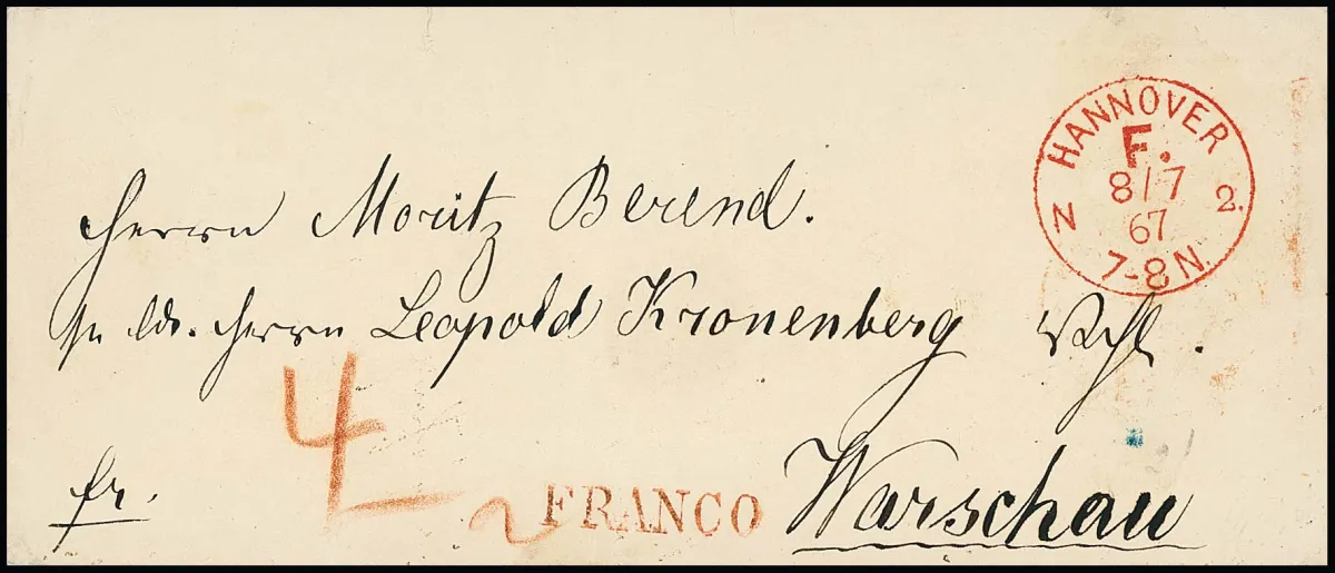 "Hannover F.N.2", červený franco K1 na zahraniční obálce 1867 do Varšavy (poplatek "4")