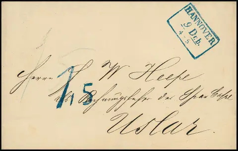 "Hannover", (1850), blauwe Ra3 met belastingstempel "1,5" op kabinetsbrief naar Uslar, zeer zeldzaam (ArGe Tax 01, 300,-)