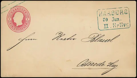 "Harburg-II. H.=Hvr.", zeldzame grote blauwe spoorwegpost Ra3 duidelijk op 1 Gr. roze postwaardestuk