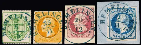 "Hemlingen", elk ideaal gecentreerd K2 op vier luxe stukken 1 Gr. lila-roze, 2 Gr. blauw (briefstuk), 3 Gr. oranje en 3 Pfge. groen, gesigneerd Berger e.a.