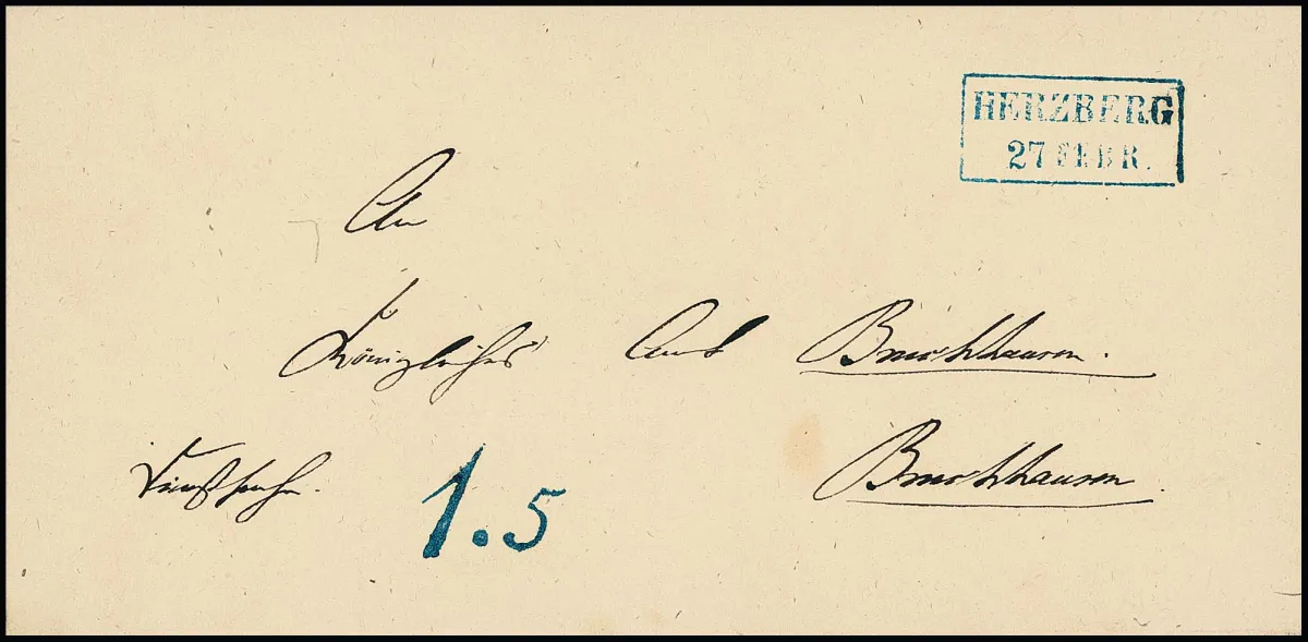 "Herzberg", (1865), modrý Ra2 s daňovým razítkem "1,5" na luxusní obálce do Bruchhausenu, ArGe Tax 02, 400,-