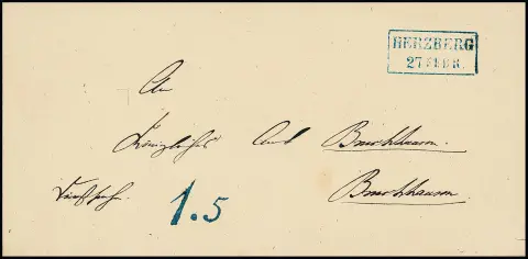 "Herzberg", (1865), blauwe Ra2 met belastingstempel "1,5" op luxe omslag naar Bruchhausen, ArGe Tax 02, 400,-