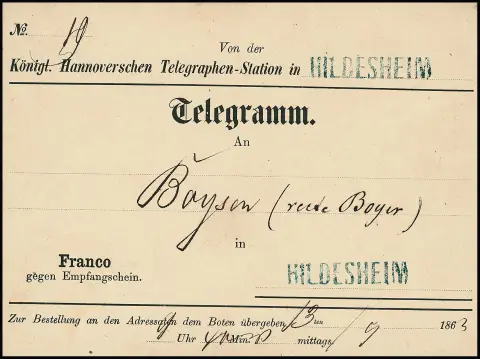 "Hildesheim", 1863, grand L1 bleu (ArGe non listé, cachet de train ?) sur enveloppe de télégramme décorative, au dos sceau de cire de la station