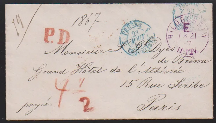 "Hildesheim", 1867, fialový franco K1 na zahraniční dámské obálce s taxou "4 1/2" Sgr. do Paříže