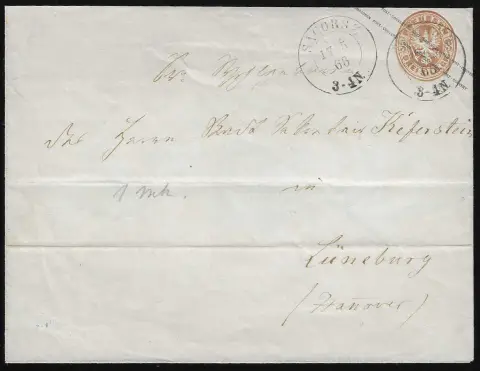 "Lueneburg", 1866, cachet ambulant bleu clair Ra2 au verso sur entier postal Prusse 3 Sgr. brun avec K2 "Sagorsz" vers là, 7.5.66, plis