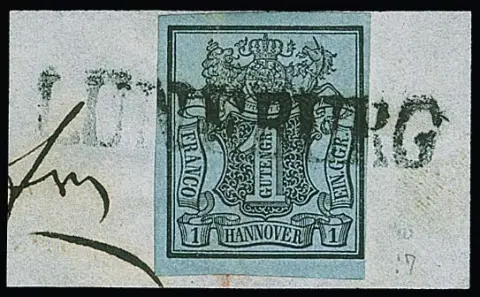 "Lüneburg", grand L1 noir complet sur fragment de lettre avec 1 Ggr. noir/bleu-gris (déjà collé avec une trace de charnière discrète)