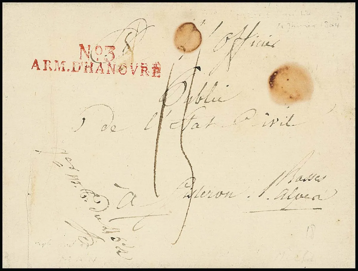 "Melle", 1799, zeldzame Franse legerpostbrief met rode L2 "No. 3 ARM. D' HANOVRE"