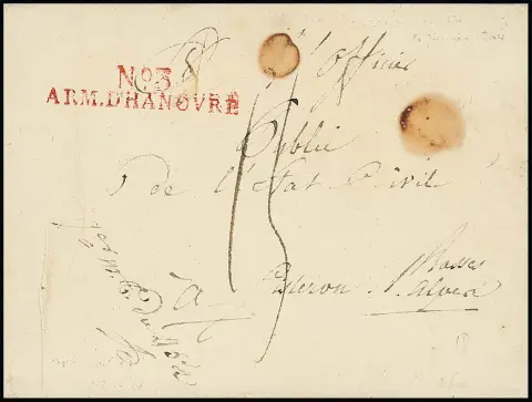 "Melle", 1799, rare lettre de poste militaire française avec L2 rouge "No. 3 ARM. D' HANOVRE"