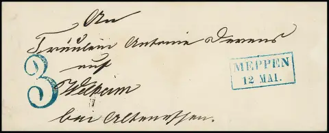 "Meppen", (1850), Ra2 bleu avec cachet de taxe "1,5" resp. "3" sur deux enveloppes vers Haselünne resp. Weilheim, ArGe 02 (cinq empreintes connues, 600,-), 03 (250,-)