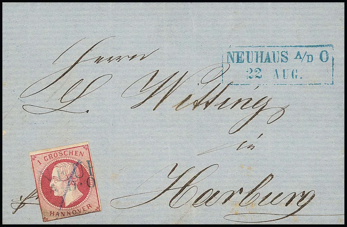"Neuhaus a.d.O.", blue L2 as very rare pre-cancellation (Grobe unknown, the Ra2 already + 300,- DM, which was then one of the highest valuations), Ra2 adjacent, with blue stroke, on letter 1 Gr. (calculated and hinge trace), photo exp. Berger