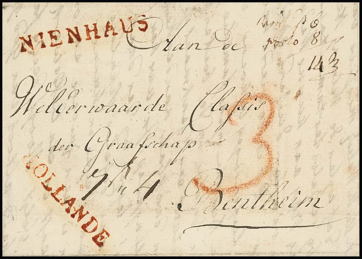 "Nienhaus", 1809, red Bergisch L1, with L1 "HOLLANDE", on beautiful small letter from Amsterdam to Bentheim, interesting postage calculation top right