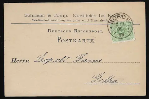 "Norderney", K1 1877 sur entier postal 10 Pfge., ainsi que K1 "Norden" 1885 sur carte imprimée avec 3 Pfg. d'un marchand de poissons à Norddeich