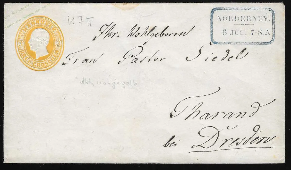 "Norderney", Ra2 bleu idéal sur magnifique entier postal 3 Gr. jaune vers la Saxe (enveloppe avec minuscule tache marginale)