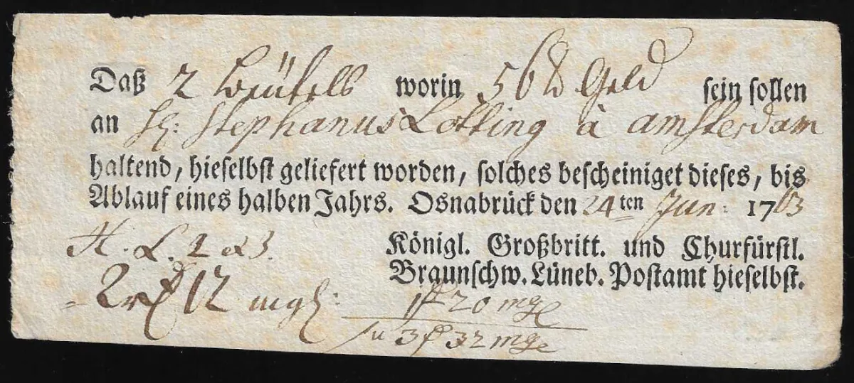"Osnabrück", 1763/81/95, drei versch. Ortsdruck-Postscheine des Königl. Großbrit. und Churfürstl. Braunschw. Lüneb. Postamts
