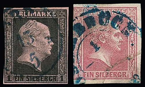 "Osnabrück", rare cancellation by blue K2 on Prussia 1 Sgr., 1st issue, and 1 Sgr. grid background, foreign and late use (small margins)