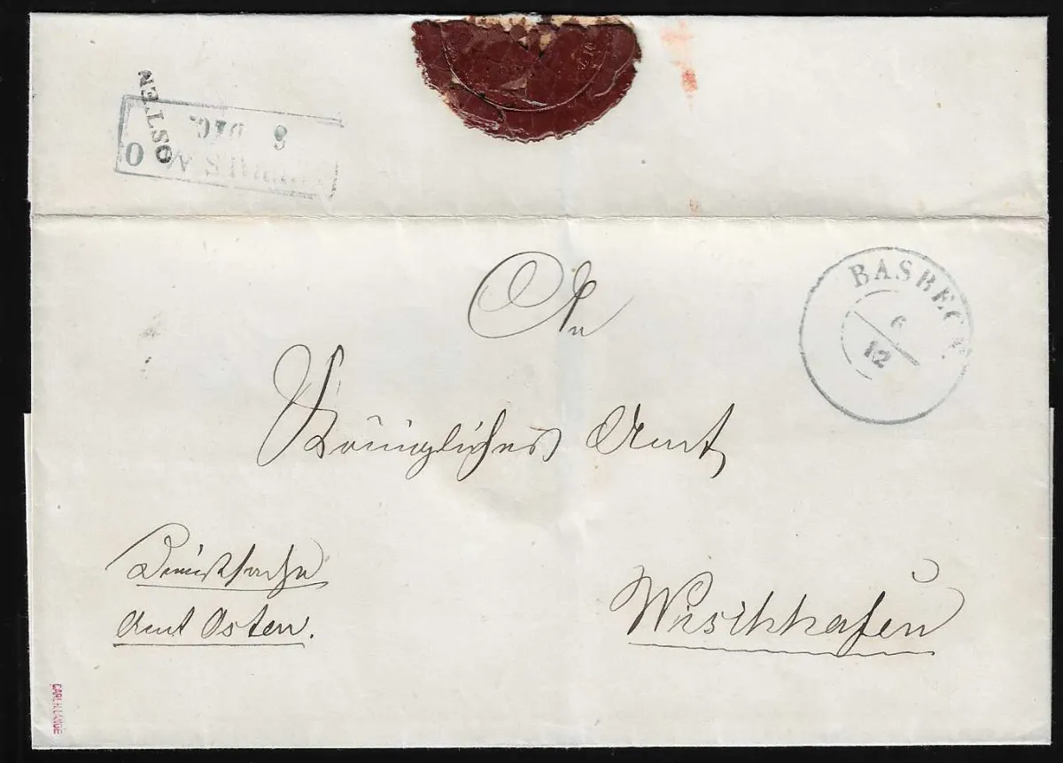 "Osten", (1860), clear blue K1 foot postmark on reverse, K2 "Basbeck" on front, on letter to Freiburg b. Drochtersen, plus letter with black L1 foot postmark "Osten" on reverse and K2 "Basbeck" on front