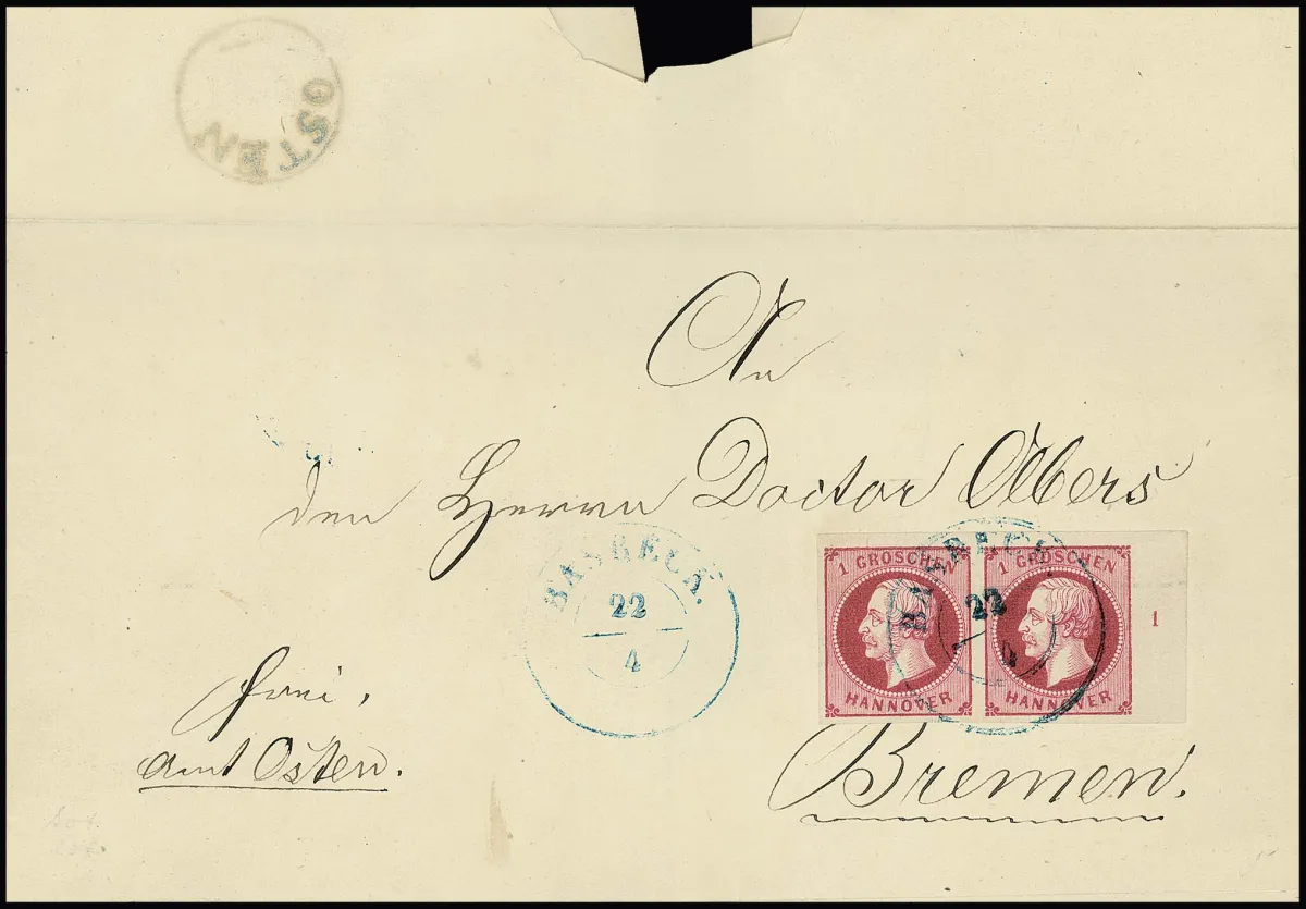 "Osten", blue K1 on reverse, K2 "Basbeck" as cancellation, on cabinet letter with pair 1 Gr. carmine from the upper right sheet corner (row no. "1"), a beautiful letter. Plus same stamp combination on unfranked letter 1863