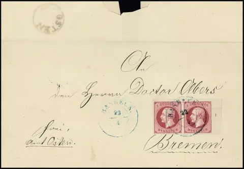 "Osten", K1 bleu au verso, K2 "Basbeck" comme oblitération, sur lettre de cabinet avec paire 1 Gr. carmin du coin supérieur droit de la feuille (n° de rangée "1"), une belle lettre. En outre même combinaison de cachets sur lettre non affranchie 1863