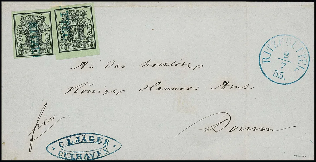 "Ritzebüttel", blue L1 as advance cancellation, K1 1855 alongside, on folded letter with two perfect 1 Ggr. black/sea-green (one from lower margin),…