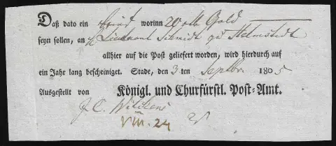 "Stade", 1805, deux mandats-poste imprimés localement légèrement différents "königl. und Churfürstl. Post-Amt" (un en plus imprimé "Ausgestellt von")