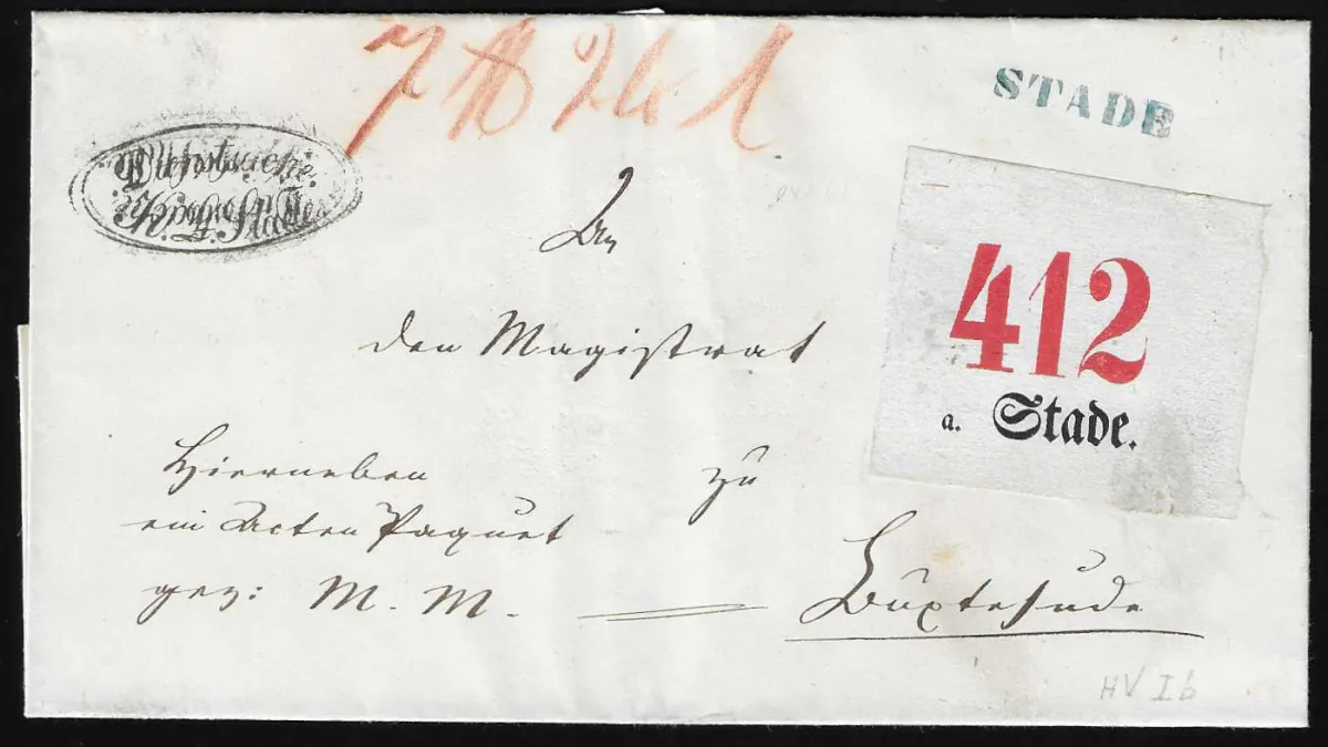 "Stade", 1859, blue K1 resp. K2 on two decorative mail coach letters with large parcel labels on front (to Köhlen resp. Buxtehude)