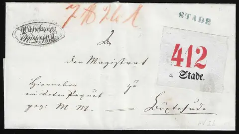 "Stade", 1859, K1 bleu resp. K2 sur deux lettres de poste roulante décoratives avec grands bulletins de colis au recto (vers Köhlen resp. Buxtehude)