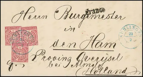 "Suhlingen", K2 bleu de réexpédition clair sur lettre décorative avec trois fois NDP 1 Gr. au maire à den Ham près d'Almelo/Pays-Bas