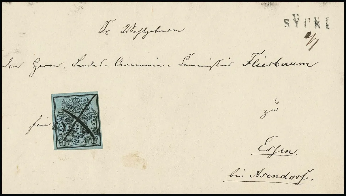 "Sycke", L1 clair sur enveloppe de cabinet avec 1 Ggr., celle-ci en plus avec croix à la plume
