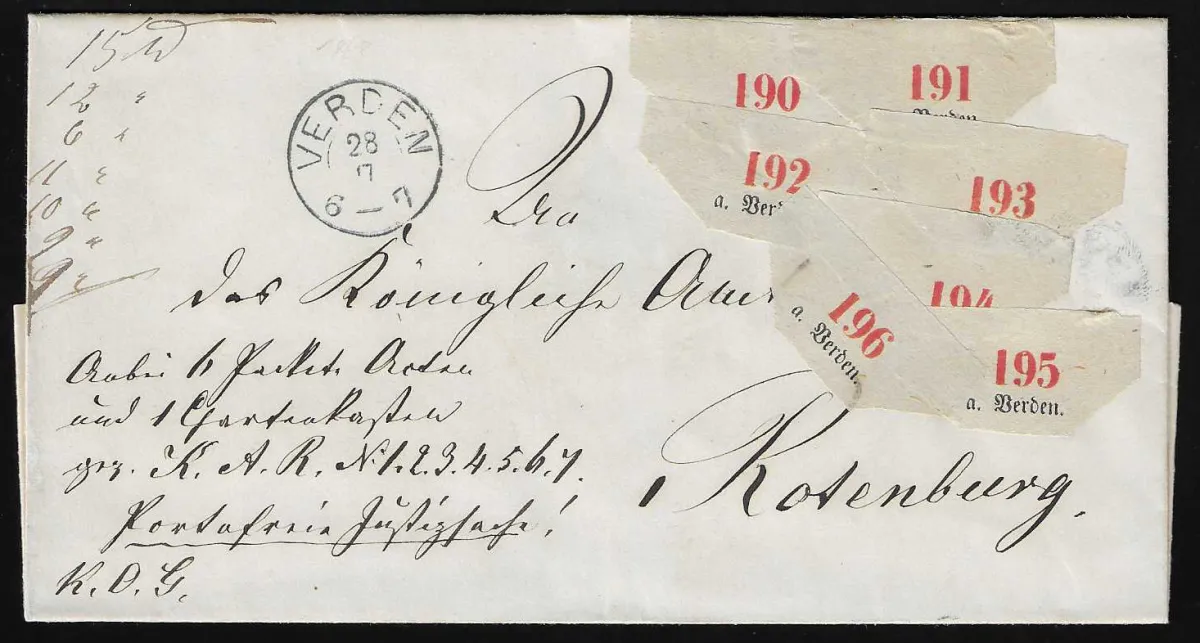 "Verden", (1860), blauer K2 auf Paketbegleitbrief mit sieben vorderseitigen Paketzetteln