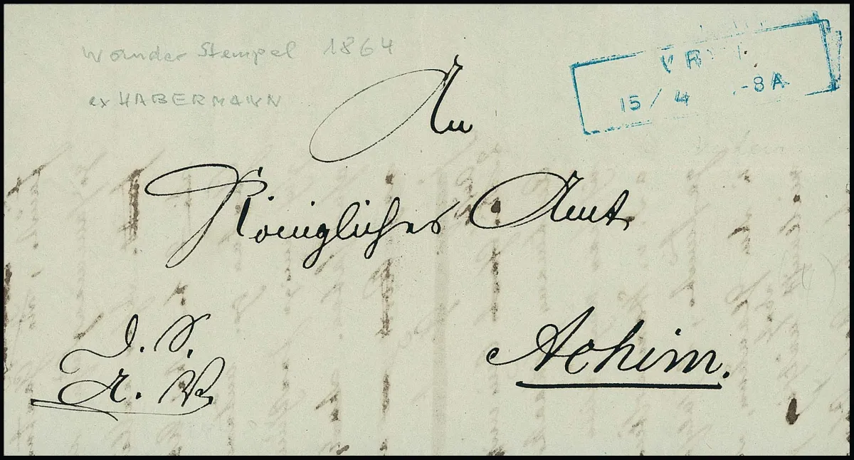 "Verden", 15.4.1864, zeldzame blauwe hulp-Ra2 met gesperde letters, hier echter in verkeerde samenstelling ("VR..."), op brief met inhoud, ex Habermann