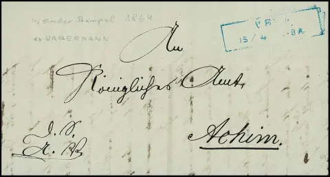 "Verden", 15.4.1864, rare Ra2 bleu de secours avec lettres espacées, ici cependant en composition erronée ("VR..."), sur lettre avec contenu, ex Habermann