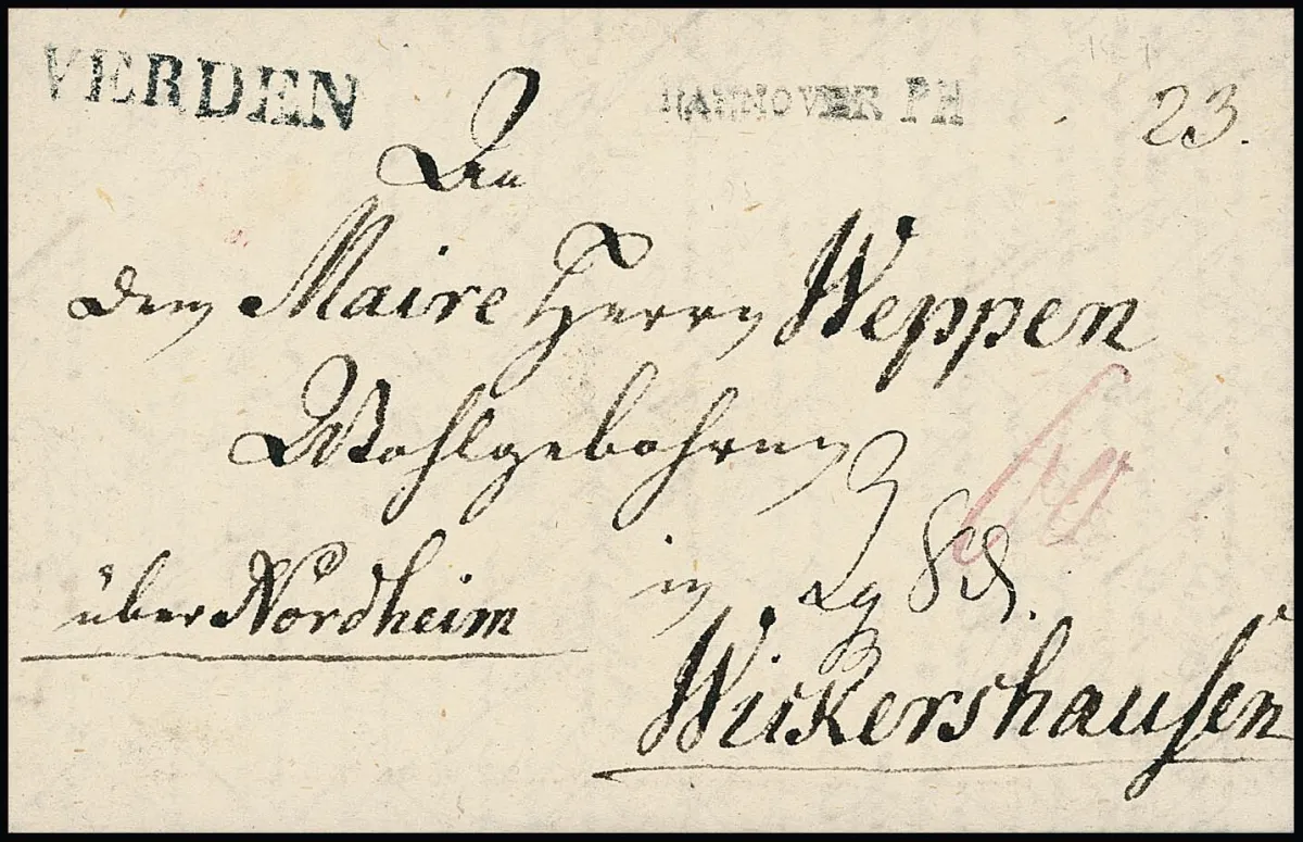 "Verden", 1809, L1 clair avec petit L1 de transit "HANNOVER PH" sur lettre pour Weikershausen, Hb. n° 359, 800,-