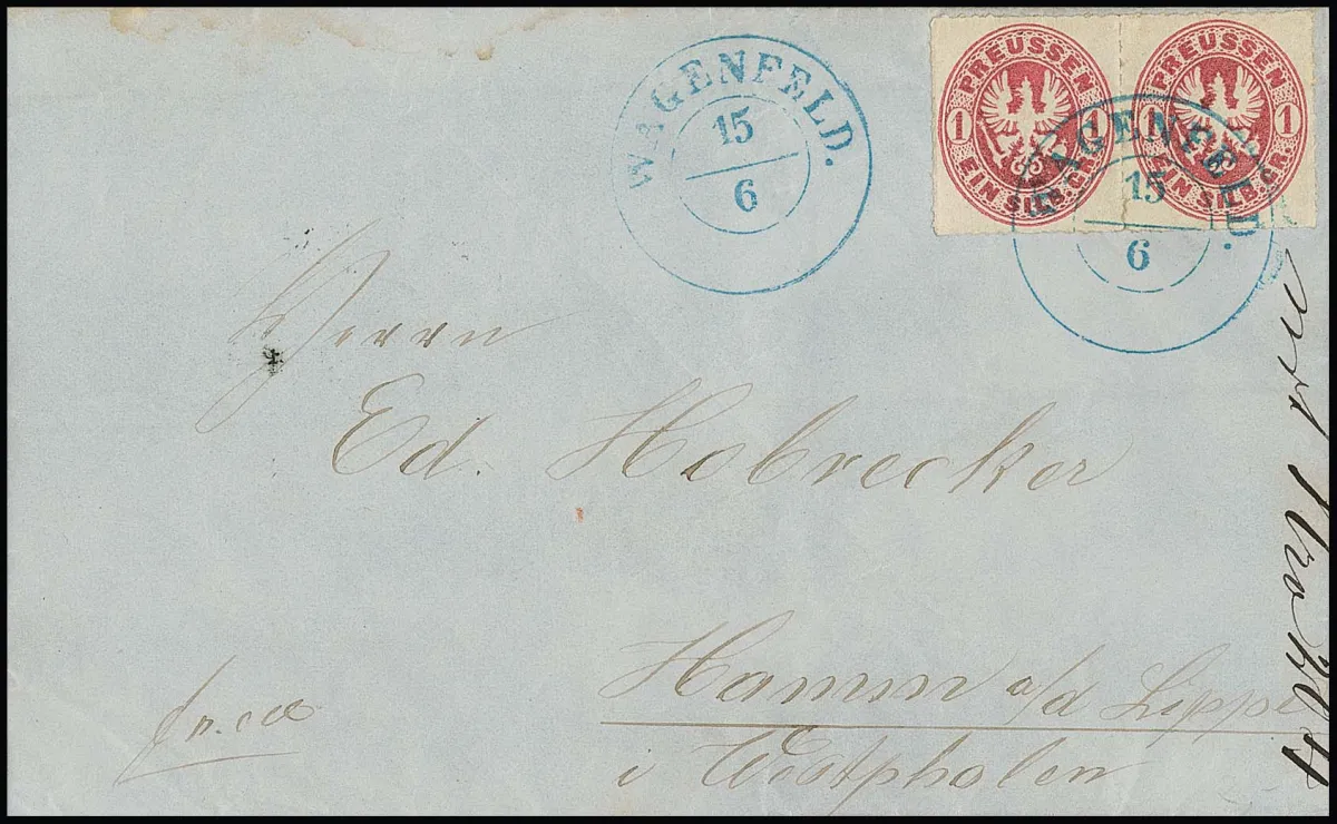 "Wagenfeld", K2 bleu de poste auxiliaire clair sur lettre avec paire horizontale Prusse 1 Sgr.