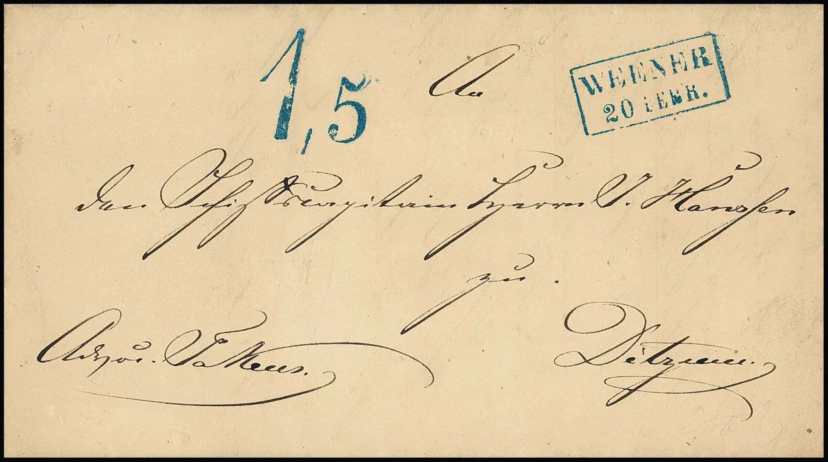 "Weener", 1863, blauwe Ra2 met belastingstempel "1,5" zeer duidelijk op luxebrief naar Ditzum, foto-expertise Berger, ArGe 600,-