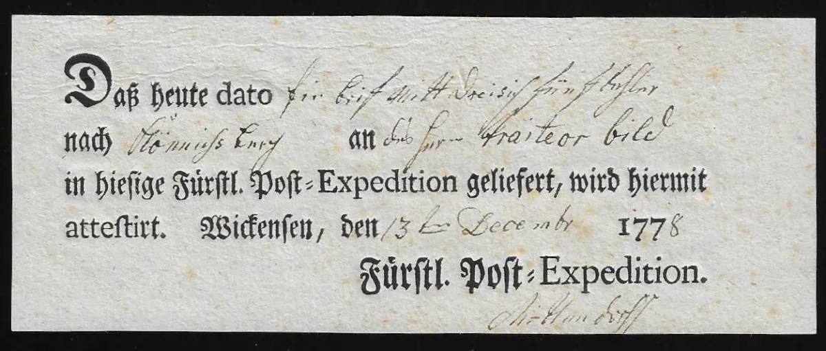 "Wickensen", 1778, rare bulletin de poste imprimé local