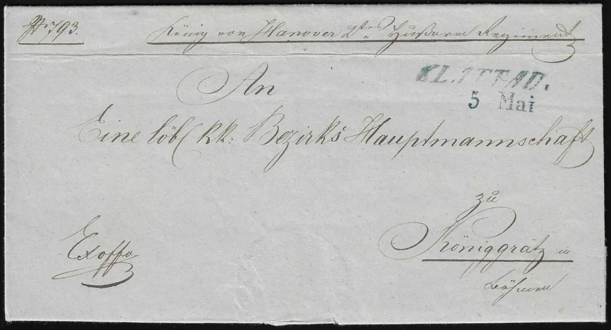 Poste militaire, 1850, 5.5., "Klattau", cachet autrichien bleu L2 clair sur lettre militaire du "König von Hannover 2tes. Husaren-Regiment" à Königgrätz