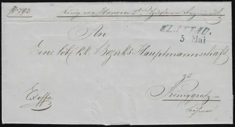 Poste militaire, 1850, 5.5., "Klattau", cachet autrichien bleu L2 clair sur lettre militaire du "König von Hannover 2tes. Husaren-Regiment" à Königgrätz