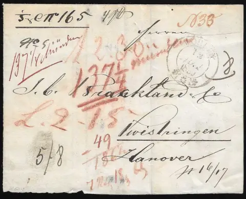 Courrier entrant, 1850, lettre d'accompagnement de colis (partie de rabat manquante au verso) de Wohlen/Suisse (K2) avec nombreuses taxes (total 186 Gr.!) à Twistringen