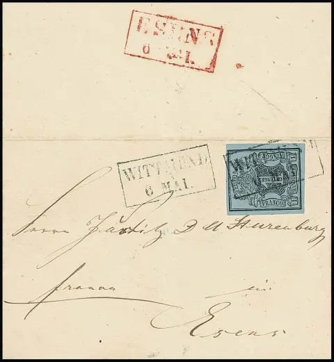1 Ggr. noir/gris-bleu sur lettre de cabinet avec Ra2 "Wittmund" pour Esens (Ra2 rouge au verso)