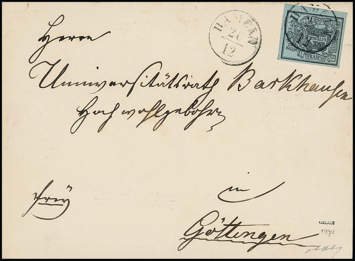 1 Ggr. noir/gris-bleu sur lettre de cabinet avec K1 "Hameln" pour Göttingen. Sign. Engel, Bolaffi, ainsi que photo-exp. Berger