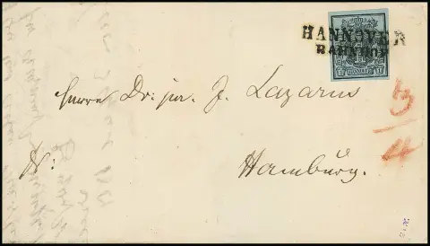 1 Ggr. zwart/grijsblauw, brede marges, met duidelijke L2 "Hannover Bahnhof" op luxe brief naar Hamburg, de binnenlandse postzegel op een plaats die destijds (1.12.1850 tot 20.7.1851) als buitenlands postkantoor telde, omdat daar een Hannovers postkantoor was. Gesigneerd Blahak en certificaat Kruschel