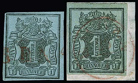 1 Ggr. schw./graublau, Kabinettstück mit rotem K1 "Esens" (sign. Brettl), sowie auf Briefstück (im Oberrand kl. Spalt nur bis an die Randlinie) mit rotem K1…