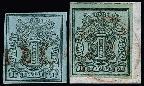 1 Ggr. zwart/grijsblauw, pronkstuk met rode K1 "Esens" (gesigneerd Brettl), alsook op briefstuk (kleine splijting in bovenmarge tot aan de randlijn) met rode K1 "Emden" (fotocertificaat Berger)