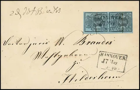 1 Ggr. zwart/grijsblauw, verticale pronkpaar met Ra3 "Hannover" en inktlijnen op brief naar Hildesheim, Mi. 600,- +
